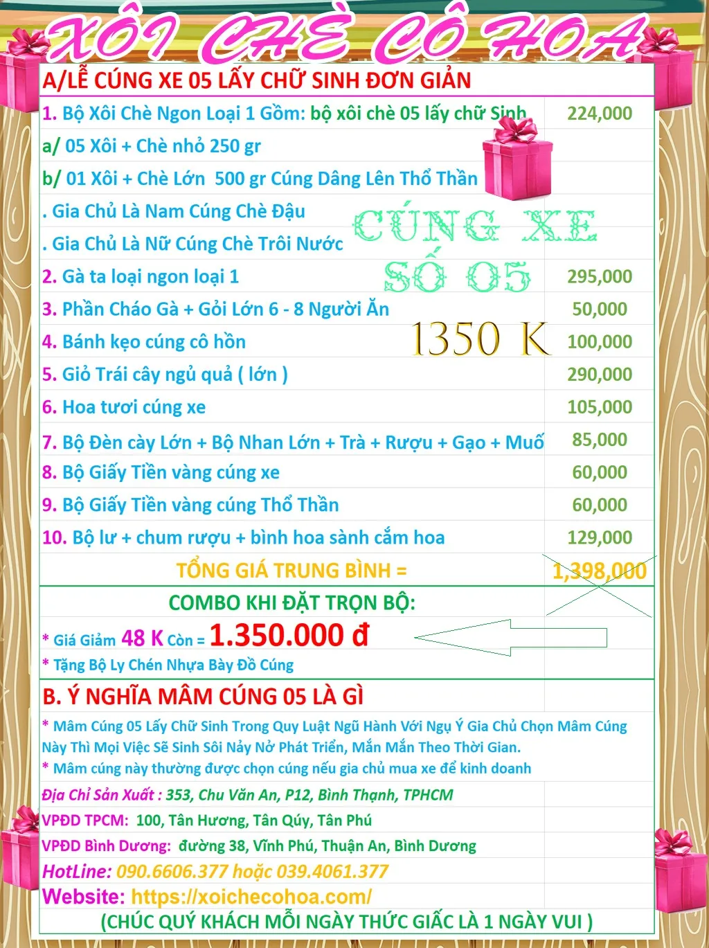 Cận cảnh mâm cúng xe mới số 05 với xôi chè và gà luộc