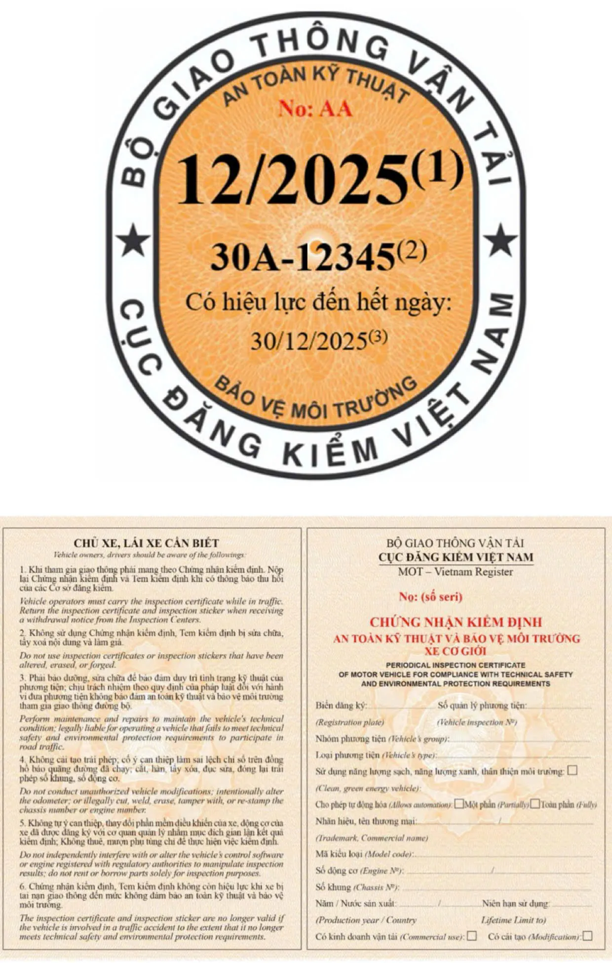 Giấy chứng nhận kiểm định và tem kiểm định màu vàng cam dùng cho các xe cơ giới khác.