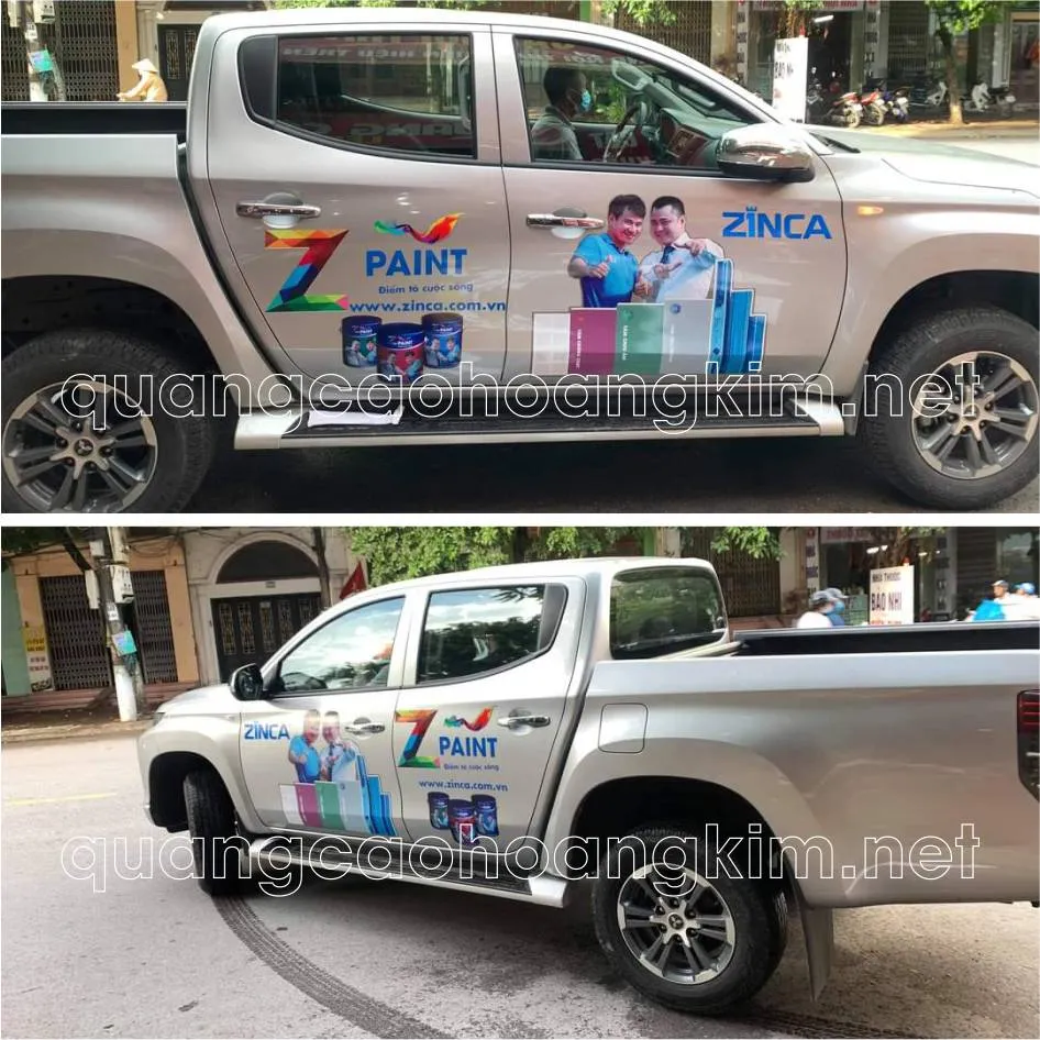 Decal quảng cáo in trên xe tải thương mại, sử dụng hình ảnh lớn và thông điệp ngắn gọn để tối ưu hóa hiệu quả hiển thị khi xe di chuyển trên đường