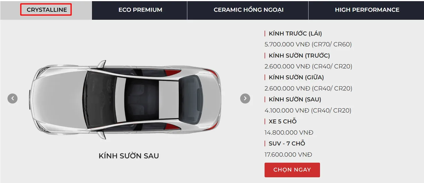 Bảng thông số kỹ thuật cơ bản phim cách nhiệt ô tô 3M Crystalline. Dòng phim này có khả năng loại bỏ năng lượng mặt trời (TSER) cao nhất