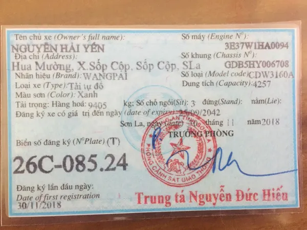 Thông số cơ bản ghi trên Giấy đăng ký xe tải (Cà vẹt)