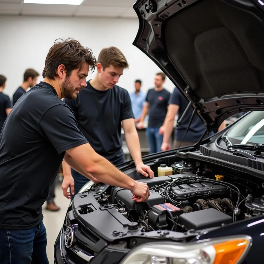 Sinh viên thực hành trong phòng thí nghiệm ngành cơ khí ô tô tại Đại học Bách khoa