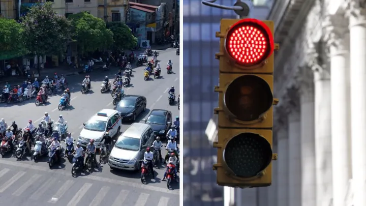 tài xế xe tải dừng chờ đèn đỏ đúng kỹ thuật, chuyển số N và kéo phanh tay