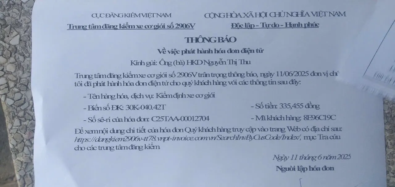 Hoá đơn điện tử khi đăng kiểm xong