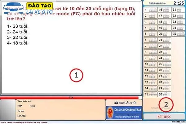 Giao diện làm bài thi lý thuyết lái xe B2 mô phỏng thực tế