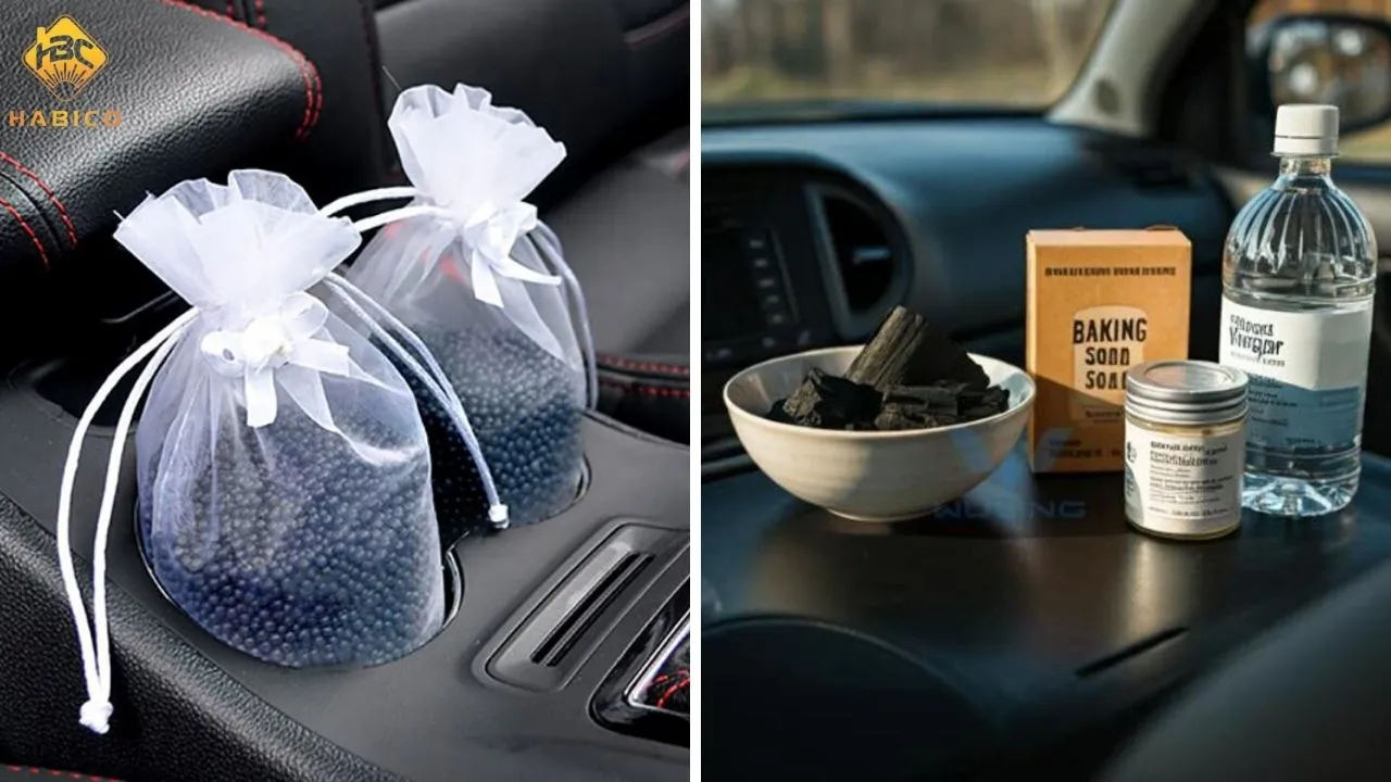 Hình ảnh than hoạt tính và baking soda được đặt trong các vật chứa nhỏ để khử mùi trong khoang xe
