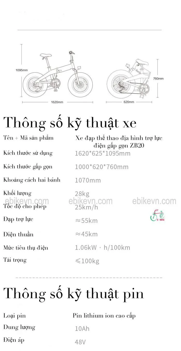 Bảng thông số kỹ thuật chi tiết xe điện gấp gọn xiaomi Himo ZB20 từ nhà sản xuất