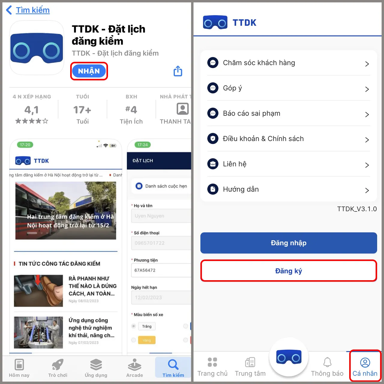 Giao diện chọn mục Cá nhân và Đăng ký trên ứng dụng TTDK