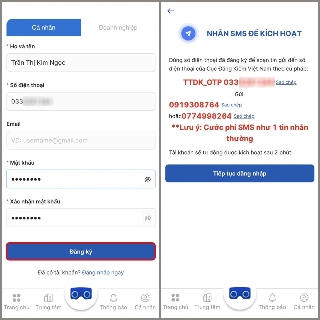 Giao diện nhập thông tin cá nhân và hướng dẫn kích hoạt tài khoản
