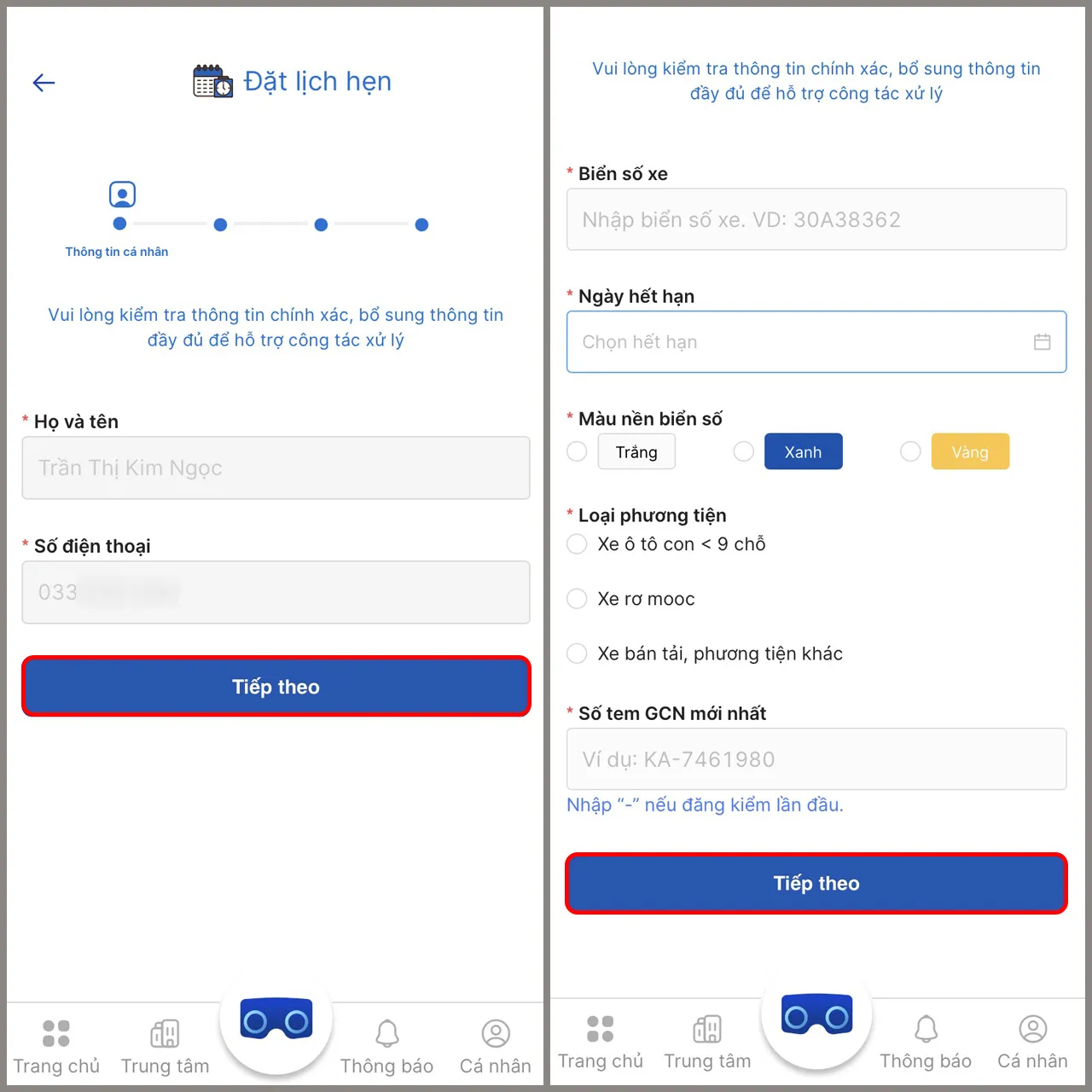 Giao diện kiểm tra thông tin cá nhân và nhập thông tin xe trên ứng dụng