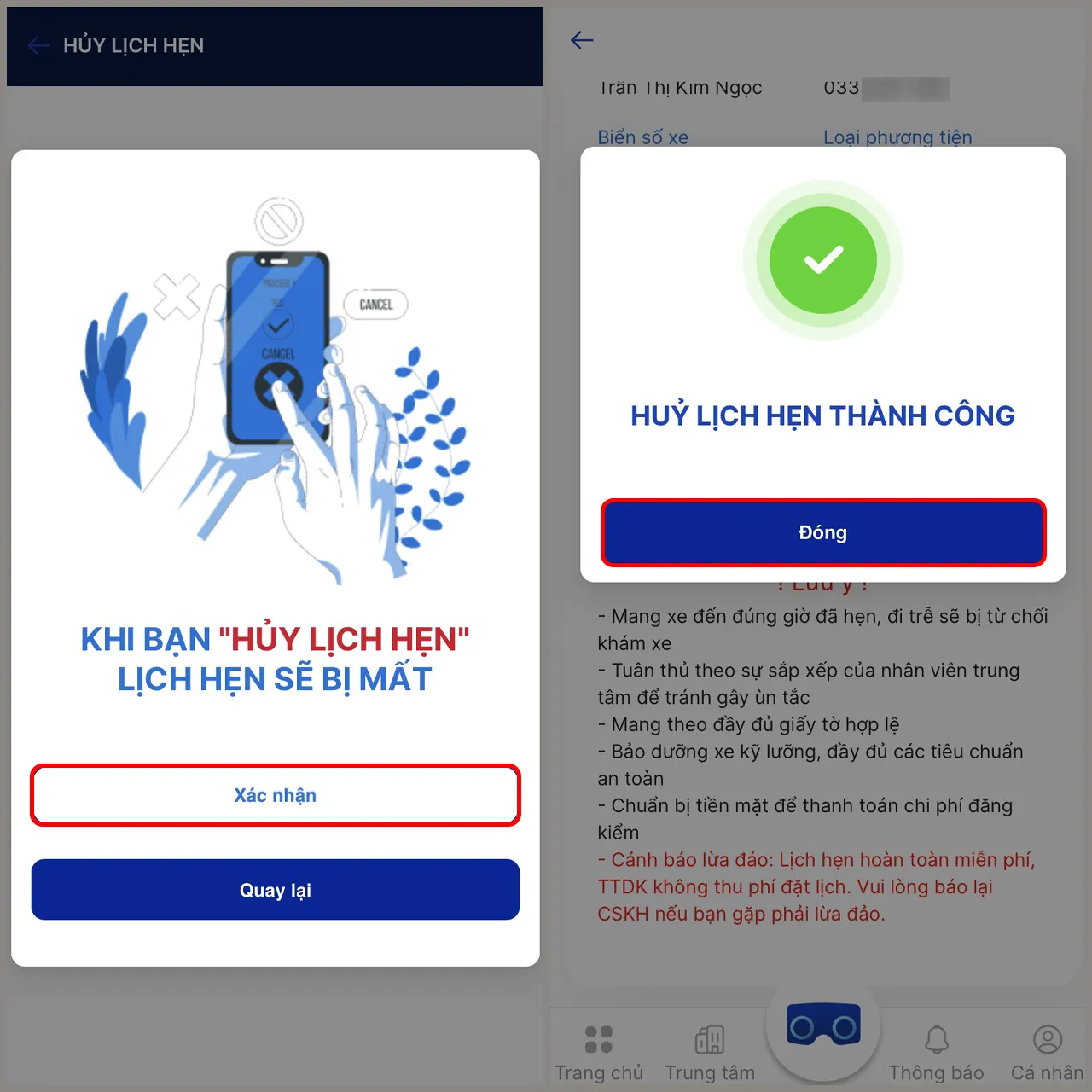 Thông báo xác nhận hủy lịch hẹn thành công trên ứng dụng