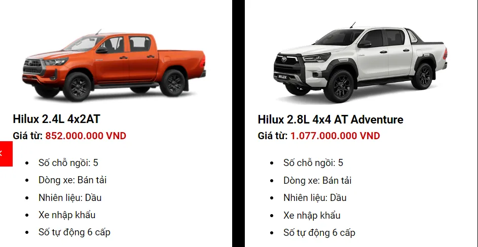 Bảng giá xe bán tải Toyota Hilux 2024