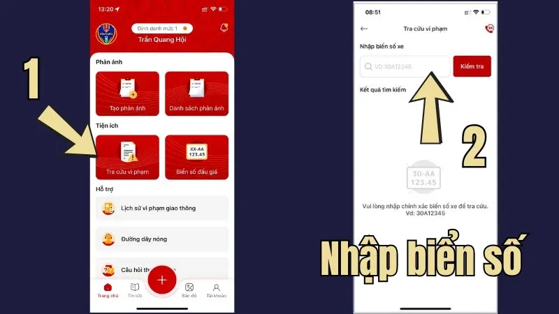 Giao diện ứng dụng tra cứu phạt nguội theo biển số xe