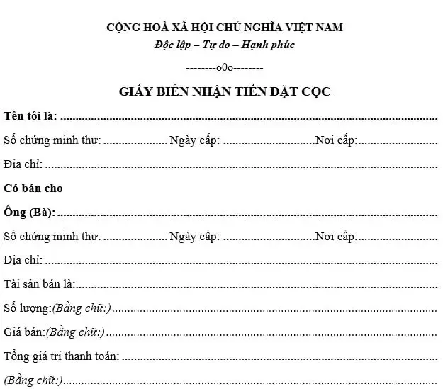 Mẫu giấy đặt cọc tiền xe ô tô