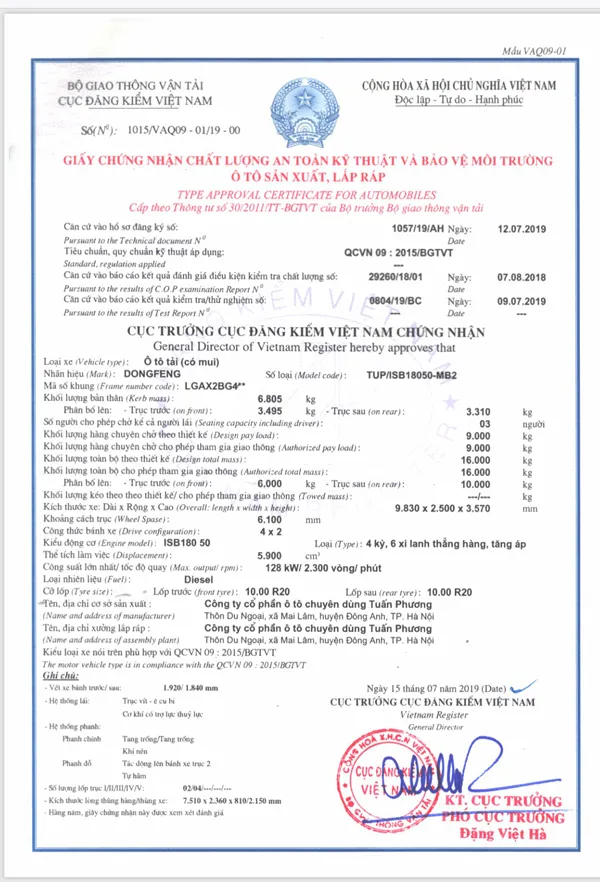 Giấy chứng nhận chất lượng an toàn kỹ thuật và bảo vệ môi trường