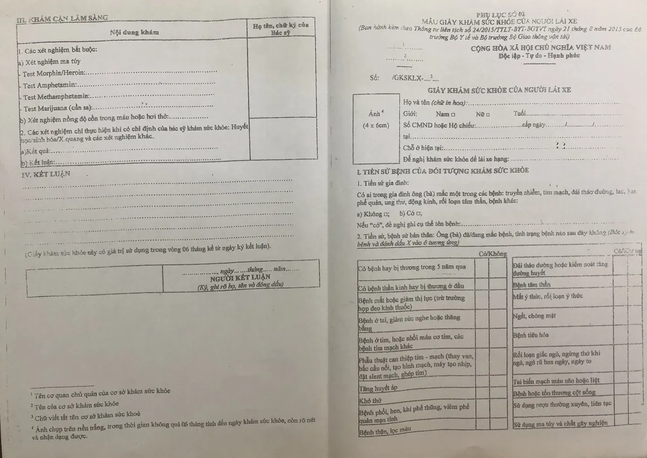 Hình ảnh minh họa mẫu giấy khám sức khỏe toàn diện cần thiết cho hồ sơ học lái xe ô tô