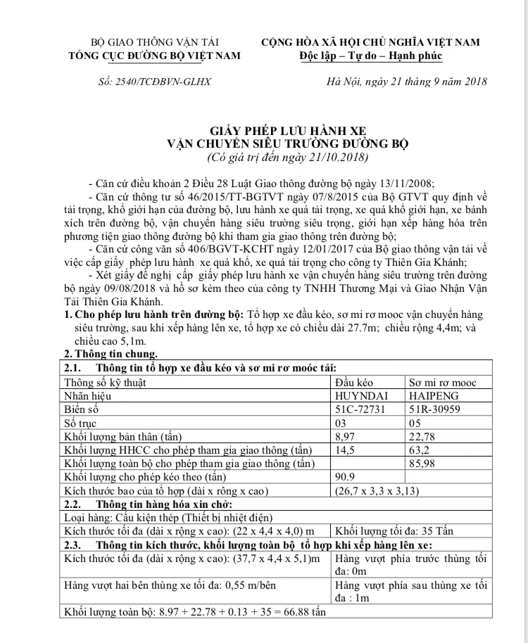Giấy phép lưu hành xe quá tải chỉ được cấp trong một số trường hợp đặc biệt đã được quy định