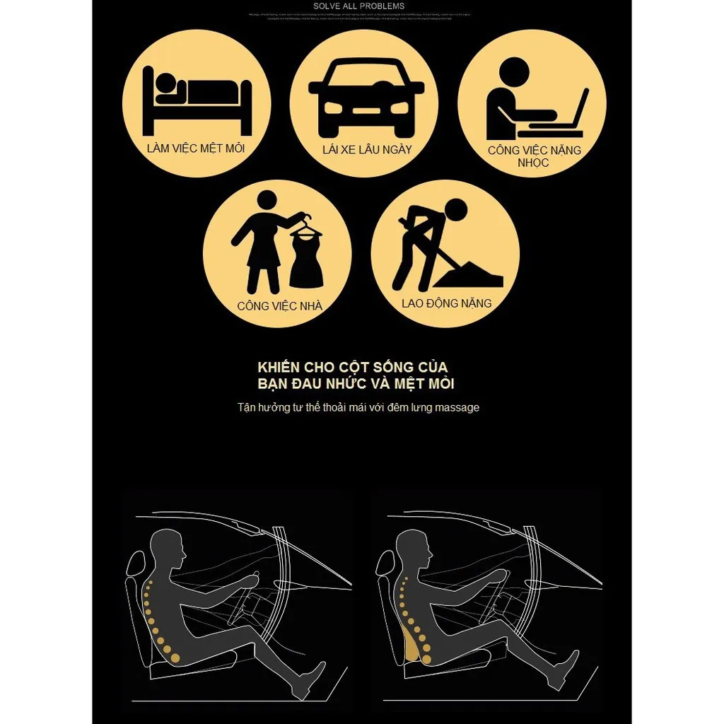 Đệm lưng ghế ô tô màu đen với chỉ thêu đỏ trắng nổi bật