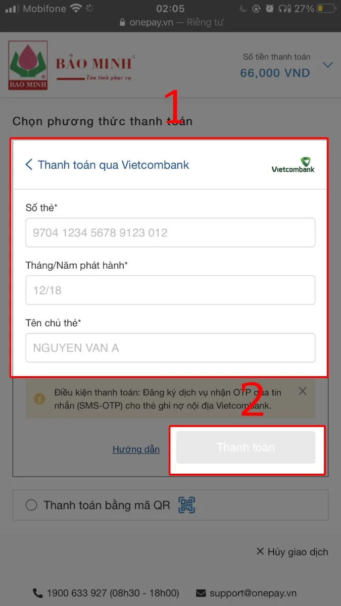 Nhập thông tin tài khoản ngân hàng để thực hiện chuyển tiền