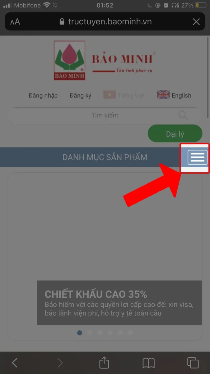Truy cập trang chủ Bảo Minh Online trên thiết bị di động