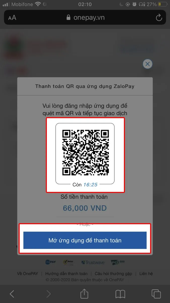 Quét mã QR qua ứng dụng ZaloPay hoặc Ngân hàng