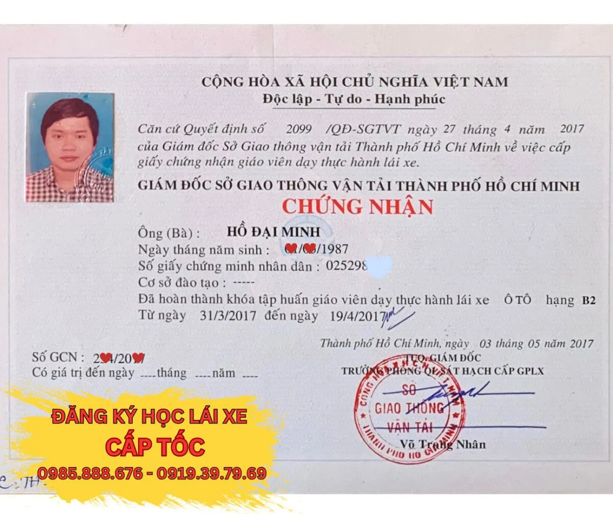 Giáo viên Tiến Thành có đủ chứng chỉ đào tạo, sư phạm do Sở GTVT cấp