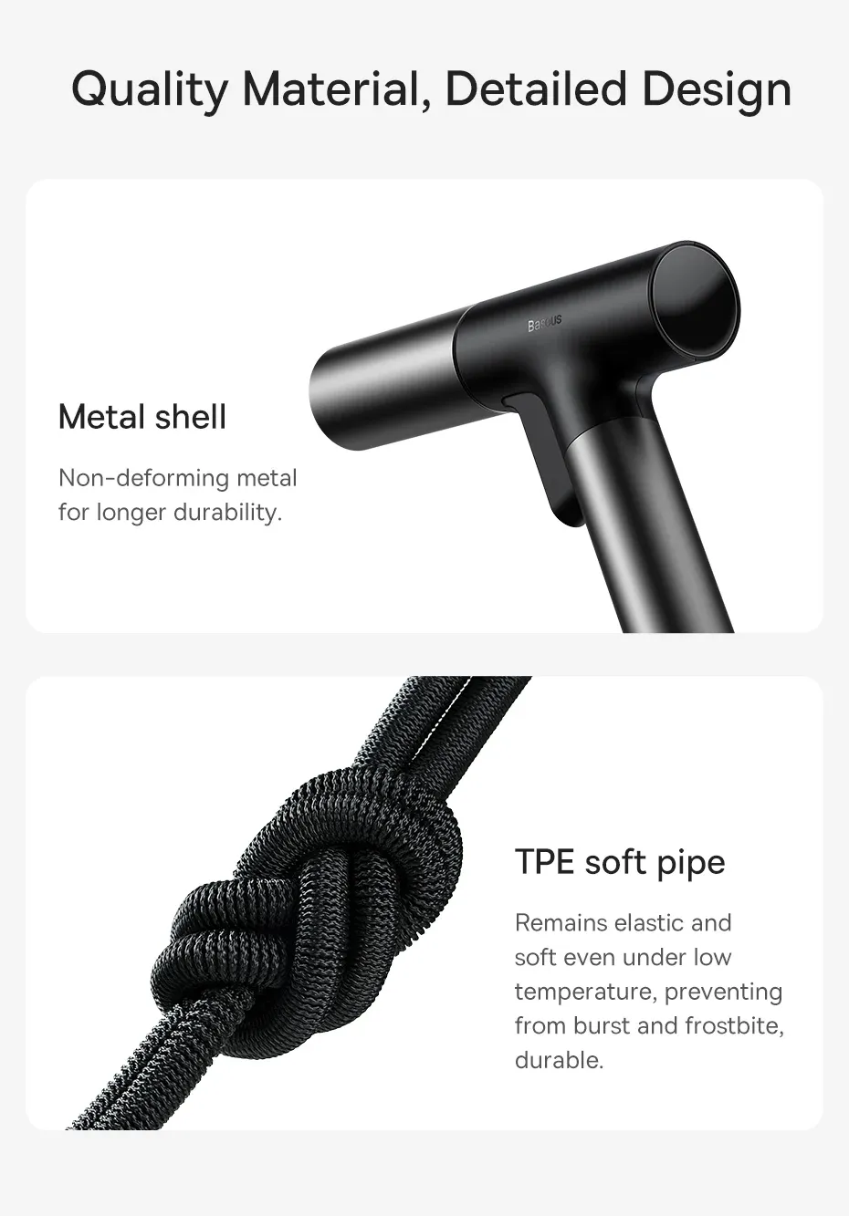 Minh họa cách vòi xịt rửa xe ô tô được cất giữ gọn gàng sau khi sử dụng, nhờ ống nước co lại