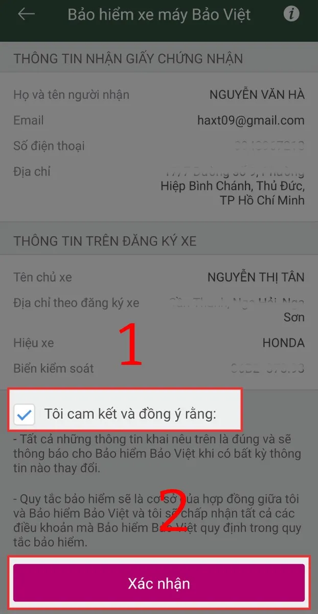 Cam kết điều khoản và xác nhận giao dịch bảo hiểm