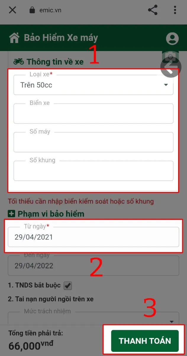 Nhập thông tin biển số và thời gian bắt đầu hiệu lực
