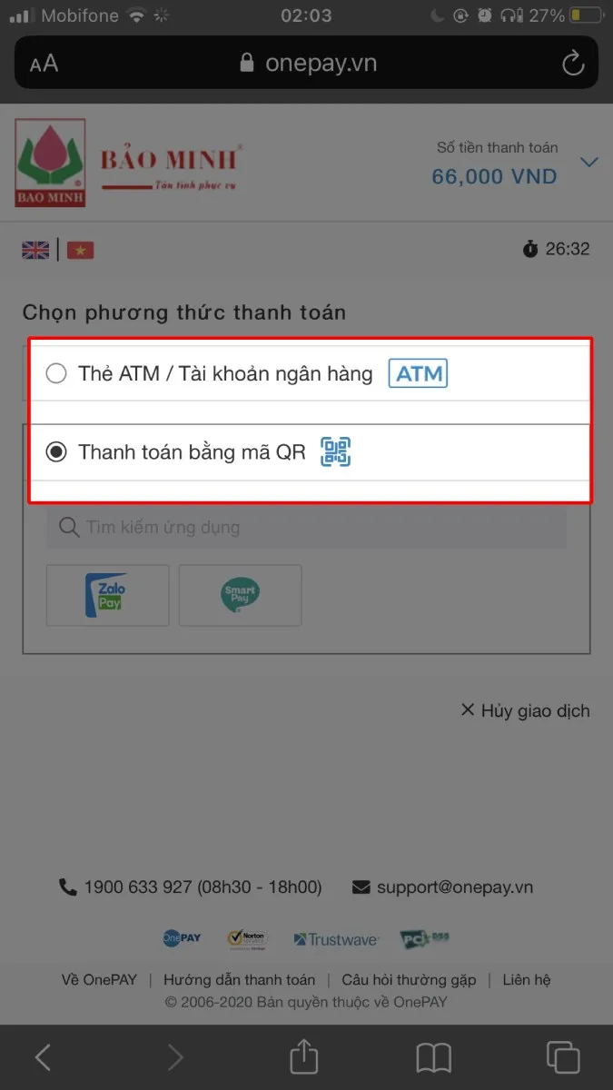 Lựa chọn thanh toán QR để nhận mã bảo hiểm tức thì