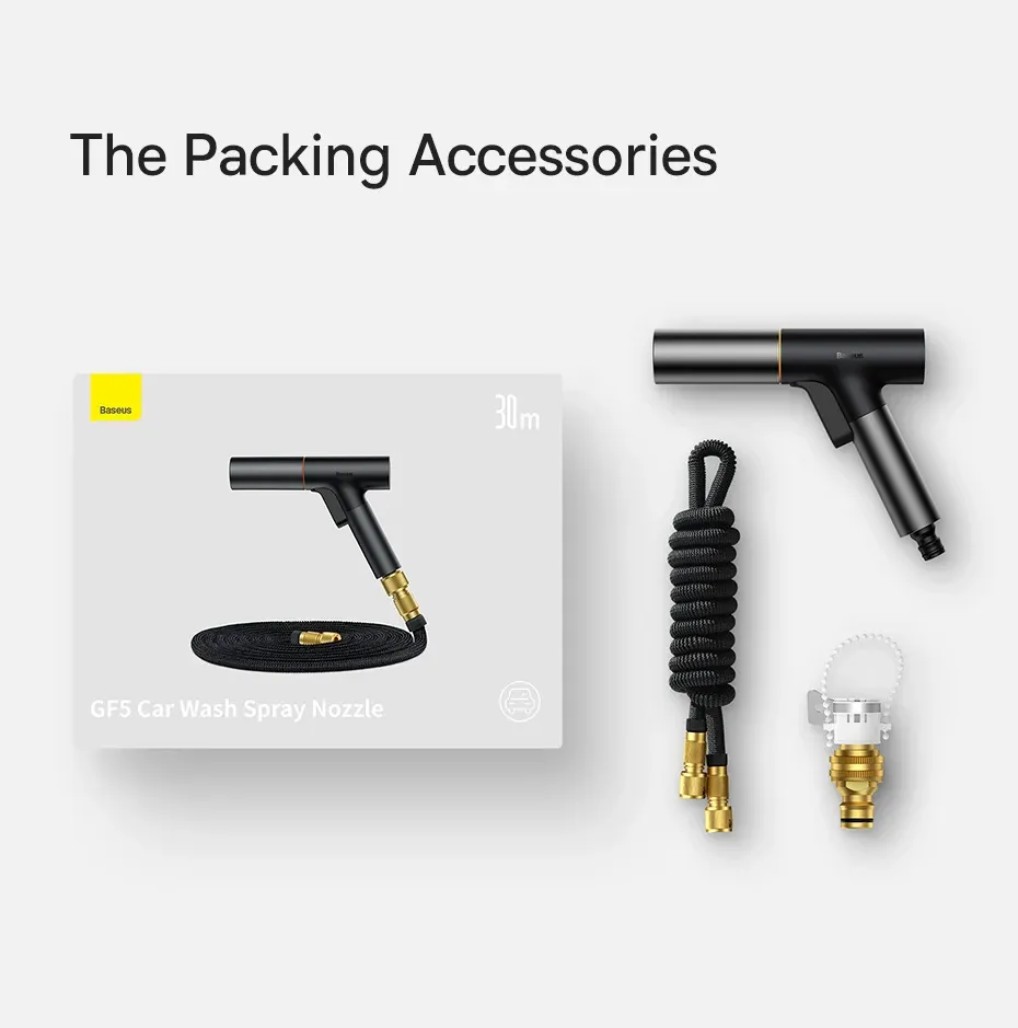 Hình ảnh vòi xịt rửa xe ô tô với các phụ kiện đi kèm, đóng gói gọn gàng