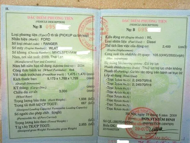 Hình ảnh giấy chứng nhận đăng kiểm xe bán tải