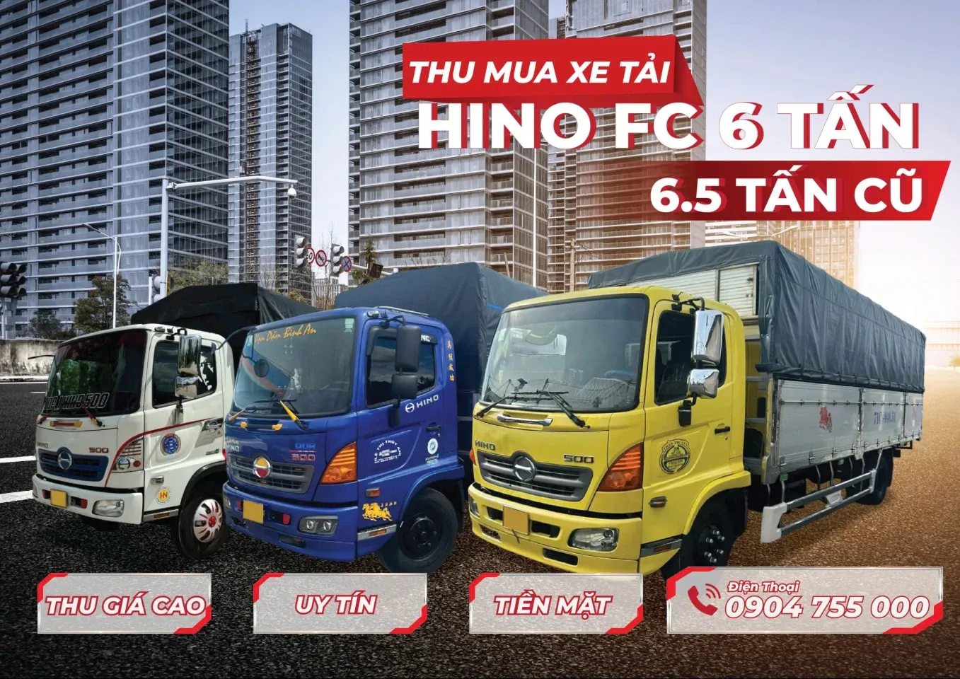 Xe tải Hino FC 6 tấn cũ màu trắng, thùng dài 6m7