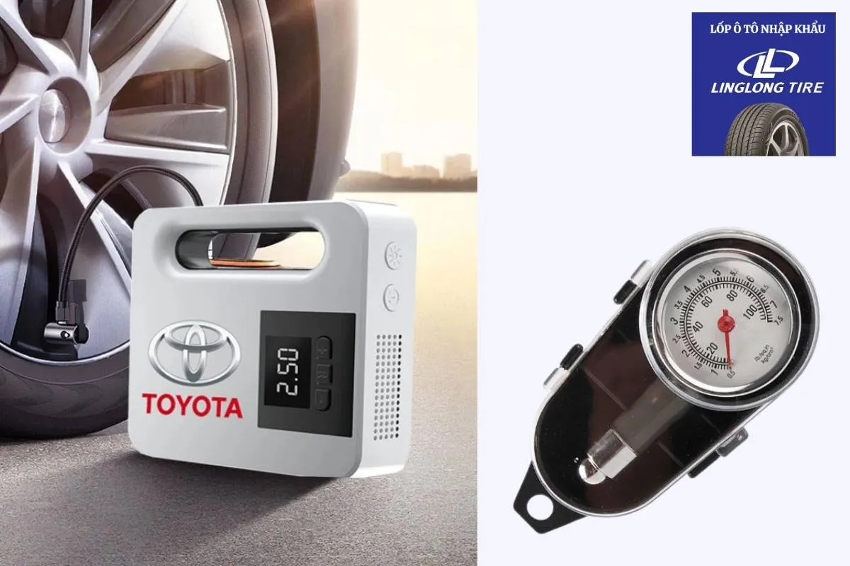 Bộ dụng cụ cần thiết bao gồm máy bơm lốp ô tô, đồng hồ đo áp suất và một chiếc khăn lau