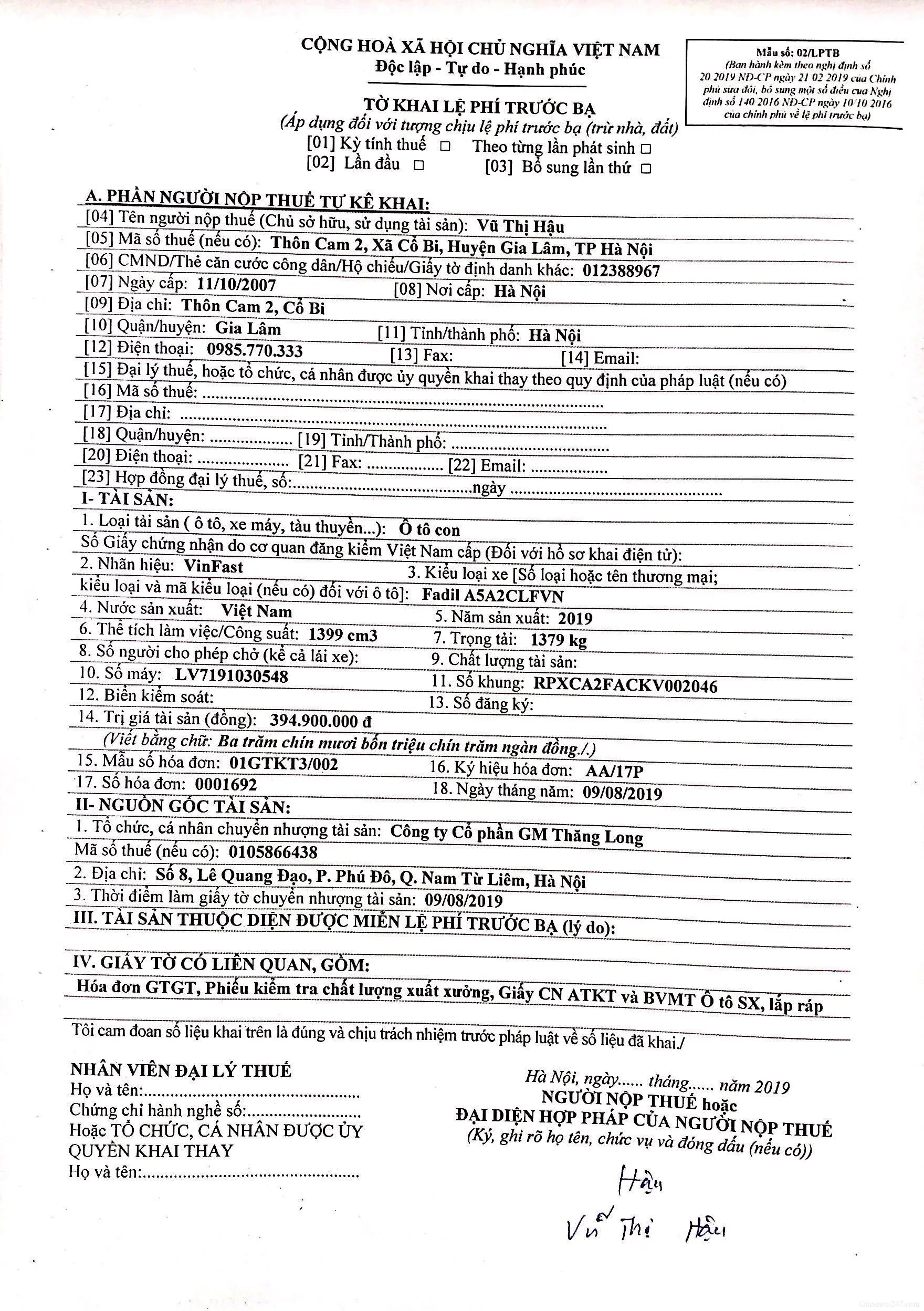Huong dan khai To khai le phi truoc ba 2019 a - Mẫu Tờ khai lệ phí trước bạ đã điền hoàn chỉnh để tham khảo