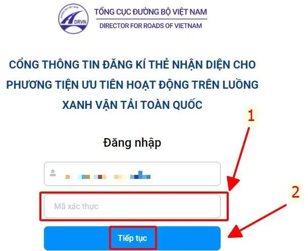 Nhập mã xác thực chính xác để tiếp tục quy trình khai báo thông tin phương tiện