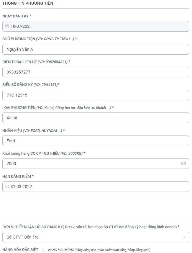 Giao diện lập đề nghị cấp thẻ nhận diện phương tiện với các trường thông tin chi tiết