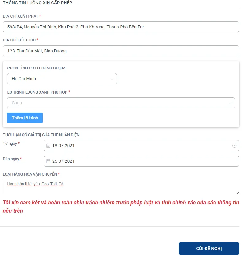 Hoàn tất việc điền danh sách xe, lộ trình di chuyển và gửi đề nghiệp cấp thẻ luồng xanh