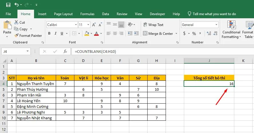 Kết quả sau khi nhấn Enter của hàm COUNTBLANK