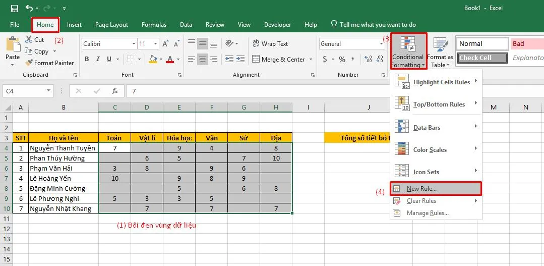 Giao diện Conditional Formatting và tùy chọn New Rule để tạo quy tắc định dạng mới