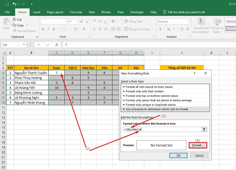 Nhập công thức ISBLANK và chọn Format