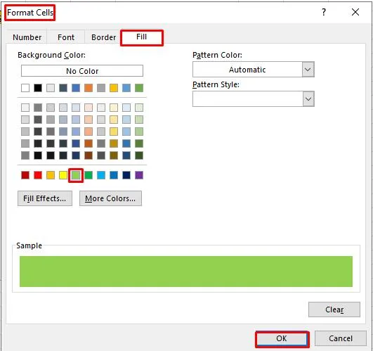 Hộp thoại Format Cells, chọn tab Fill và lựa chọn màu sắc để tô màu ô trong excel