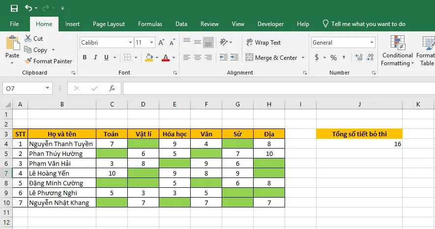 Kết quả sau khi áp dụng Conditional Formatting, các ô trống được tô màu nổi bật