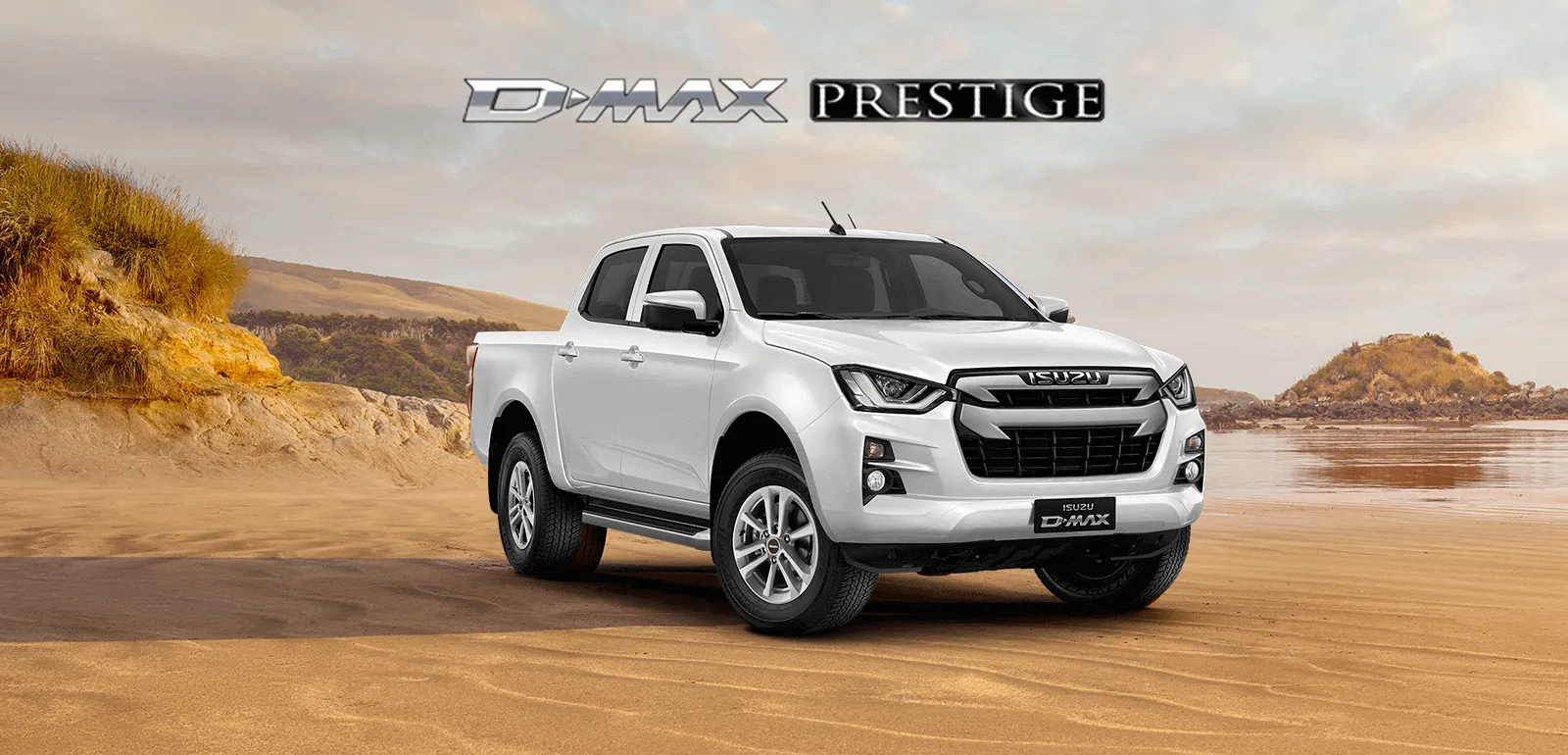 Xe bán tải Isuzu D-Max 1 cầu số tự động màu trắng, góc nhìn trực diện phía trước