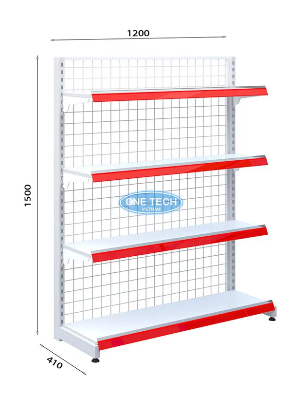 Kệ siêu thị đơn lưng lưới 4 tầng x C150 x D120 (cm)