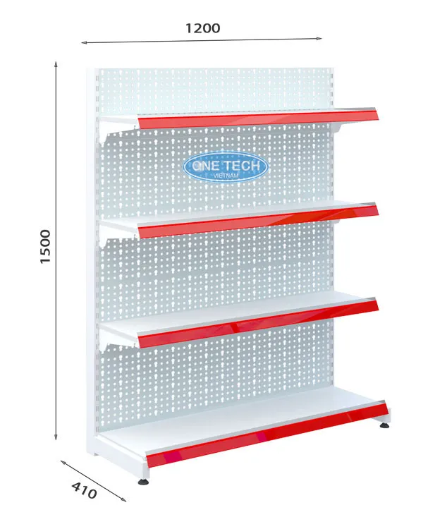 Kệ siêu thị đơn lưng tôn đục lỗ 4 tầng x C150 x D120 (cm)
