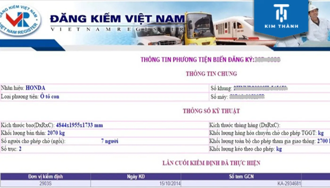 Kết quả tra cứu thông tin xe ô tô trên hệ thống