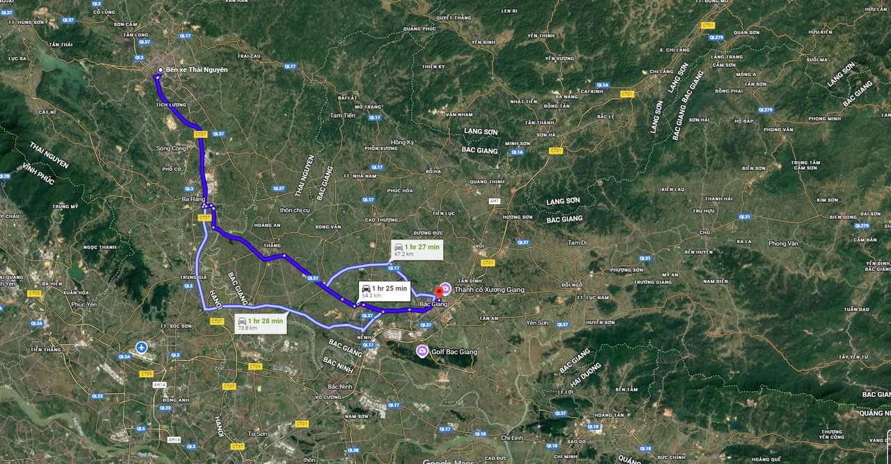 Khoảng cách & các lộ trình di chuyển giữa TP. Thái Nguyên cũ và TP. Bắc Giang cũ