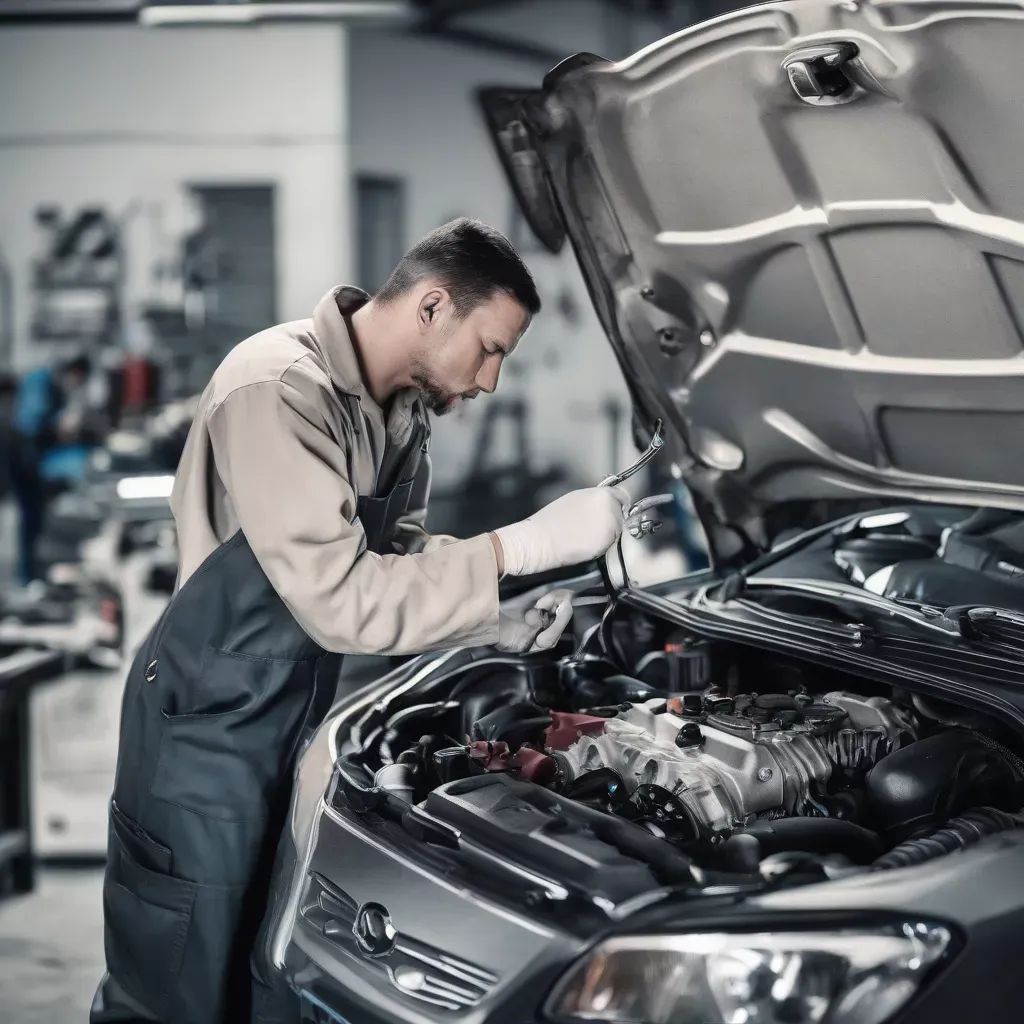 Kỹ sư đang kiểm tra động cơ ô tô, thể hiện chuyên môn ngành kỹ thuật ô tô