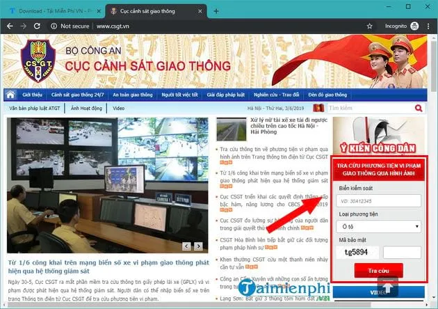 Giao diện tra cứu phương tiện vi phạm hành chính qua hình ảnh